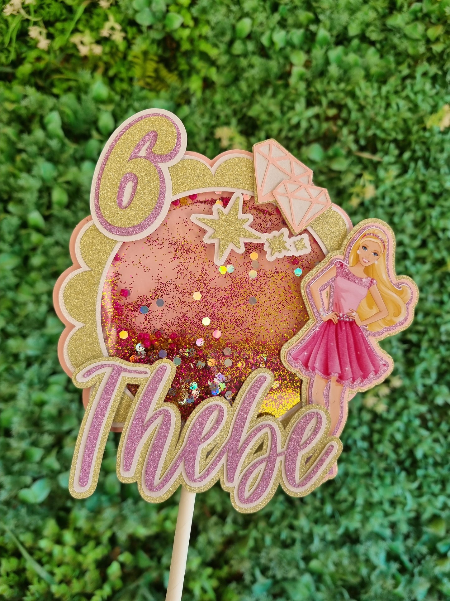 BARBIE CAKE TOPPER birthday party themed decor glitter shaker style personalized with name and age