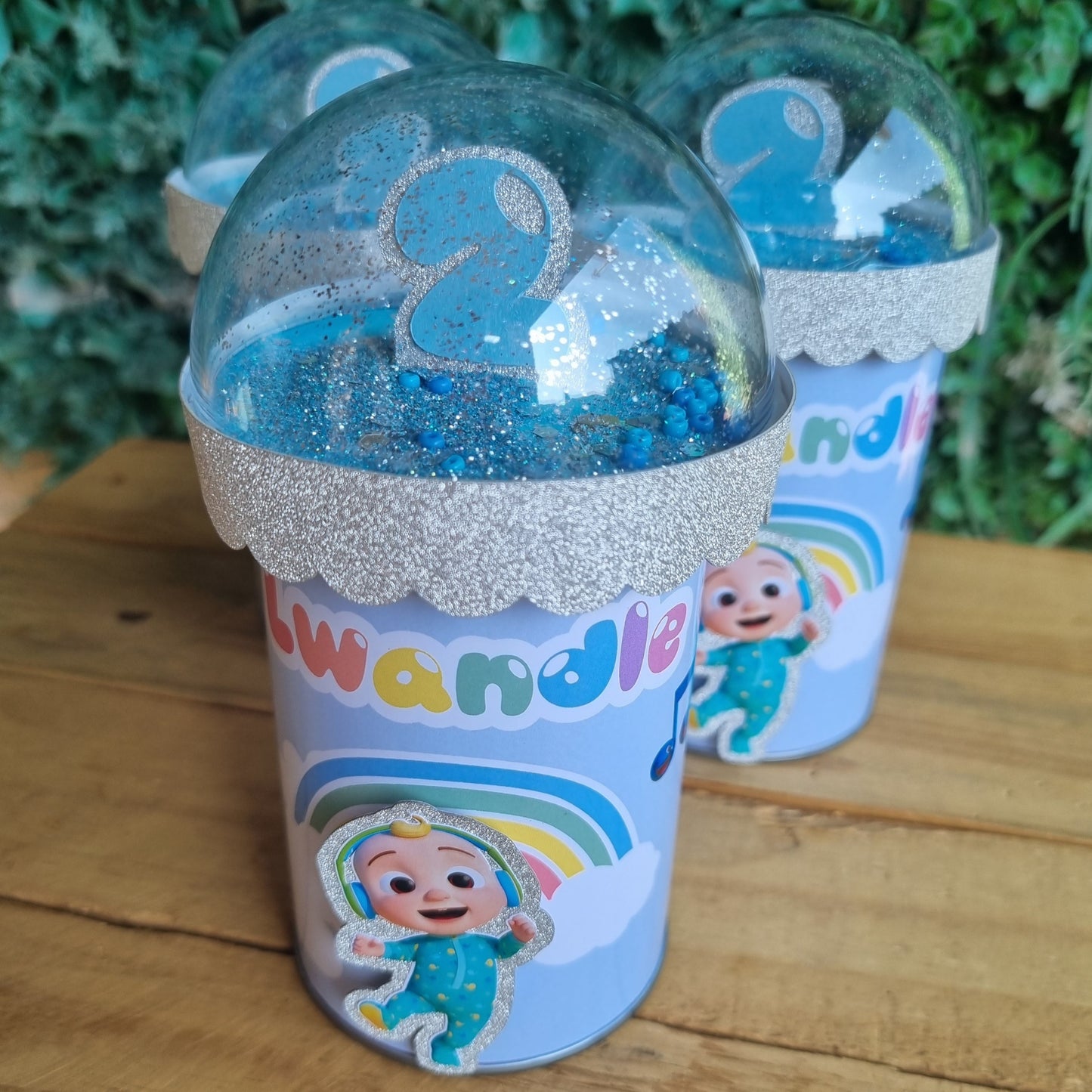 COCOMELON PRINGLES birthday party themed decor glitter shaker style personalized with name and age