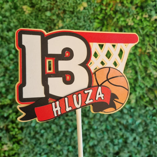 BASKETBALL CAKE TOPPER birthday party themed decor glitter shaker style personalized with name and age