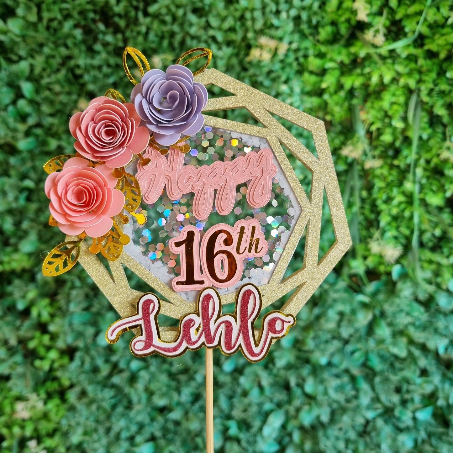 FLOWER CAKE TOPPER birthday party themed decor glitter shaker style personalized with name and age