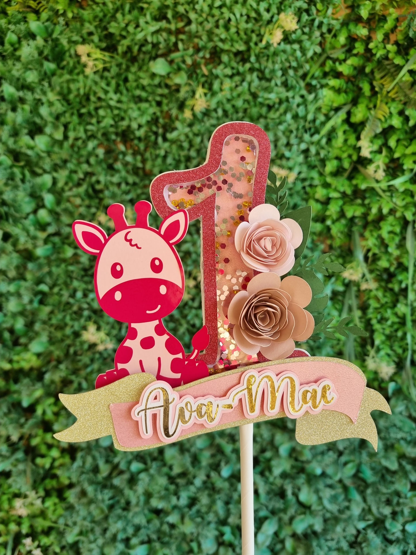 GIRAFFE CAKE TOPPER birthday party themed decor glitter shaker style personalized with name and age