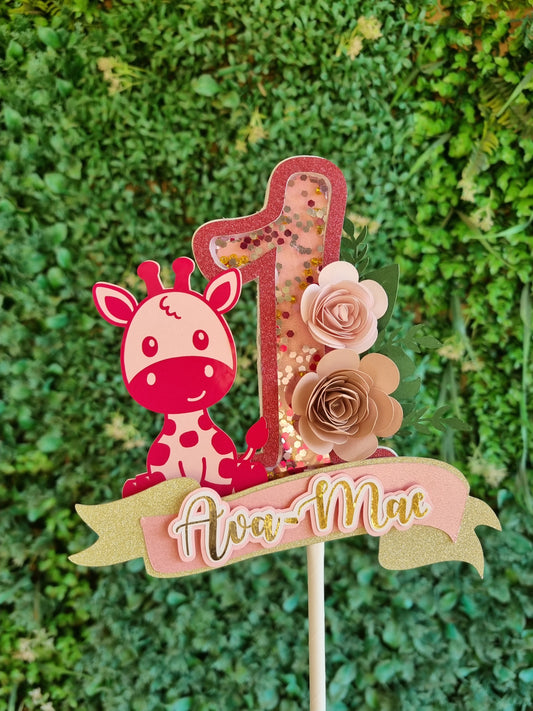 GIRAFFE CAKE TOPPER birthday party themed decor glitter shaker style personalized with name and age