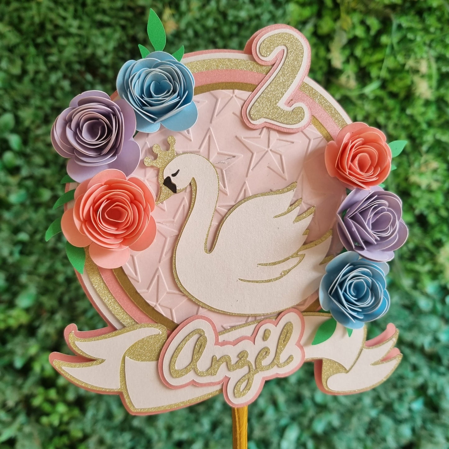 SWAN CAKE TOPPER birthday party themed decor glitter shaker style personalized with name and age