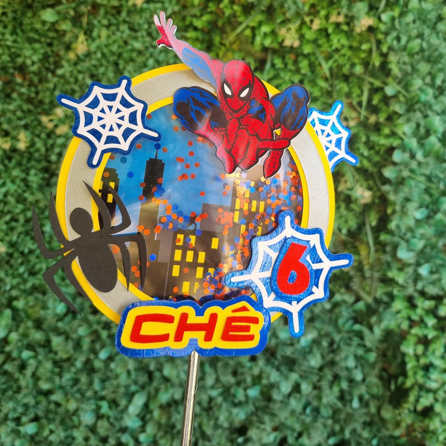 SPIDERMAN CAKE TOPPER birthday party themed decor glitter shaker style personalized with name and age