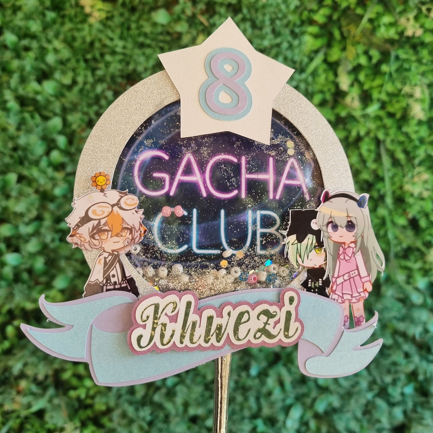 GACHA CLUB CAKE TOPPER birthday party themed decor glitter shaker style personalized with name and age