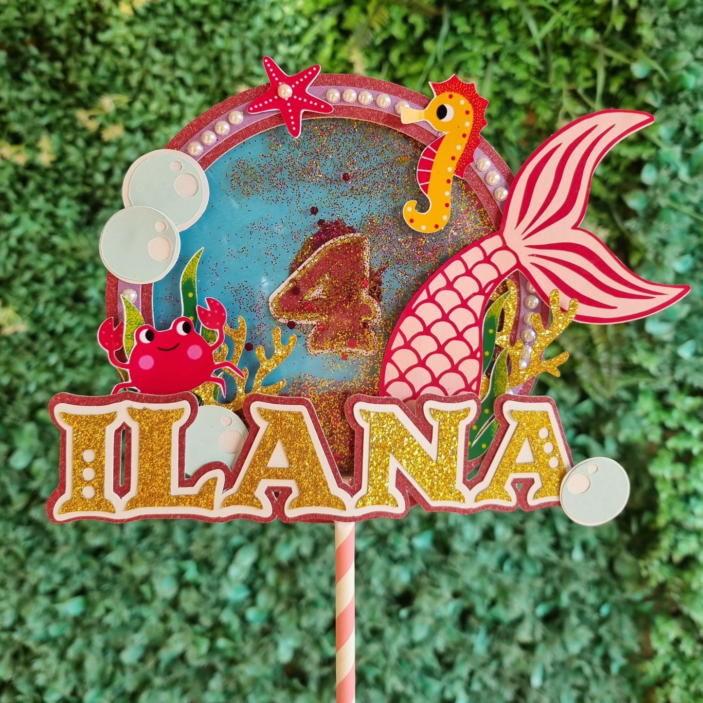 MERMAID CAKE TOPPER C birthday party themed decor glitter shaker style personalized with name and age