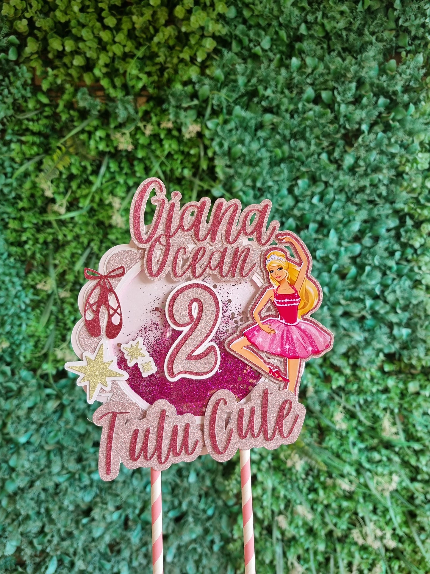 BARBIE BALLET BALLERINA CAKE TOPPER birthday party themed decor glitter shaker style personalized with name and age