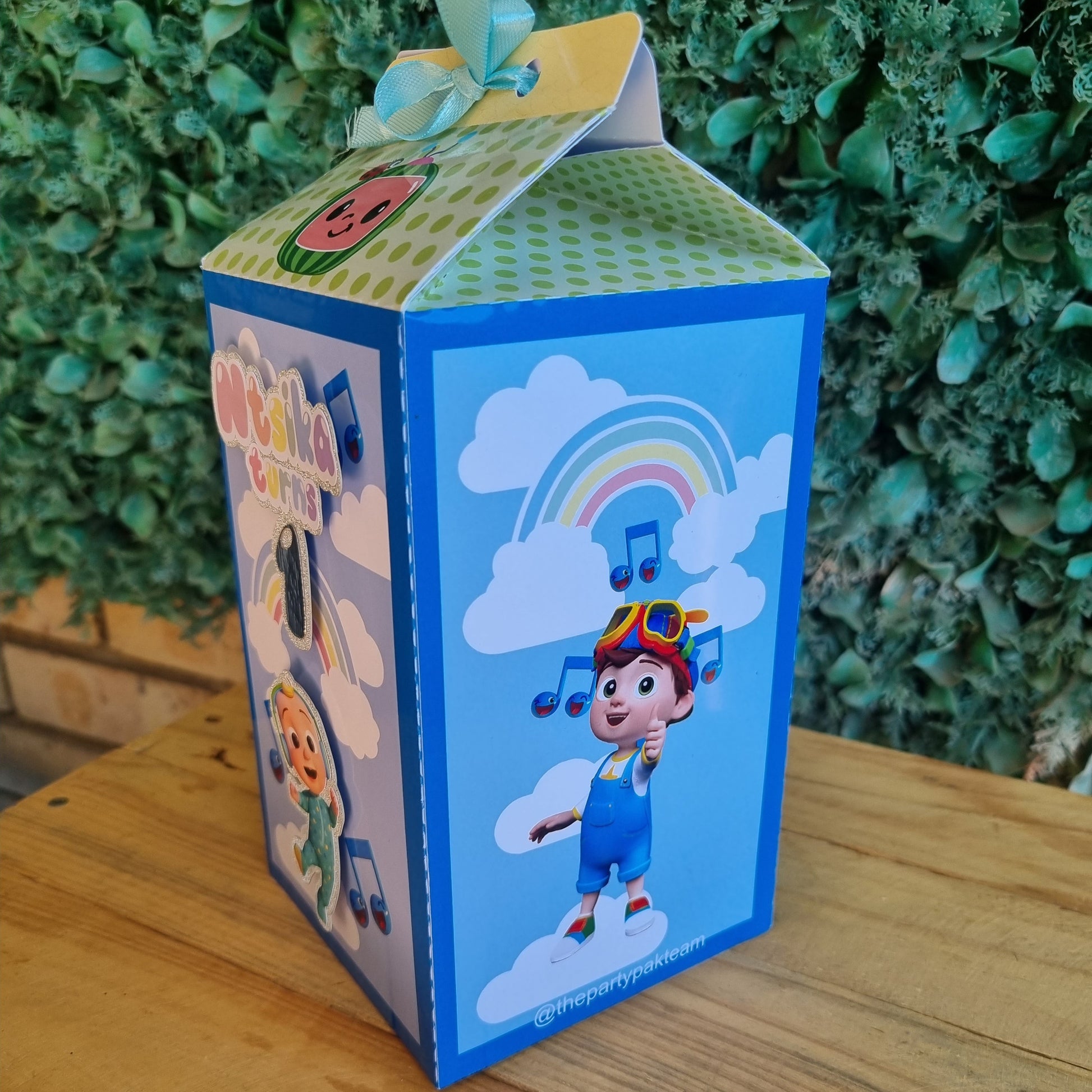 Children's toy packaging with colorful design on a wooden surface