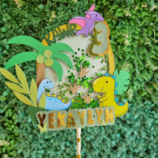 CUTE DINOSAUR CAKE TOPPER birthday party themed decor style personalized with name and age