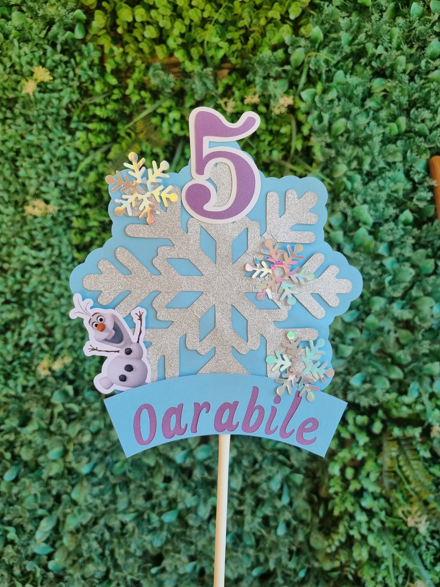 SNOWFLAKE OLAF FROZEN CAKE TOPPER birthday party themed decor glitter shaker style personalized with name and age