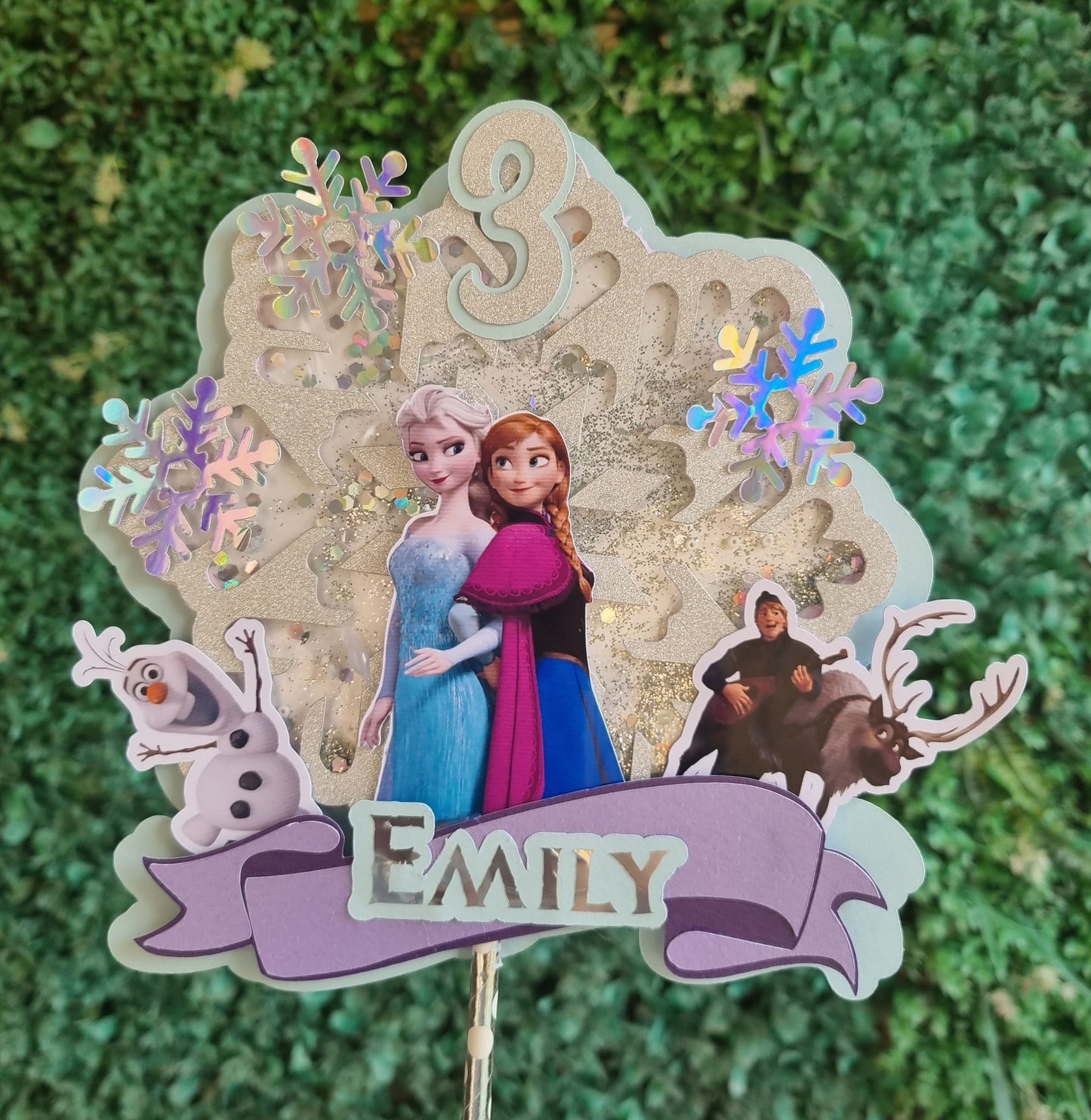 FROZEN CAKE TOPPER birthday party themed decor glitter shaker style personalized with name and age