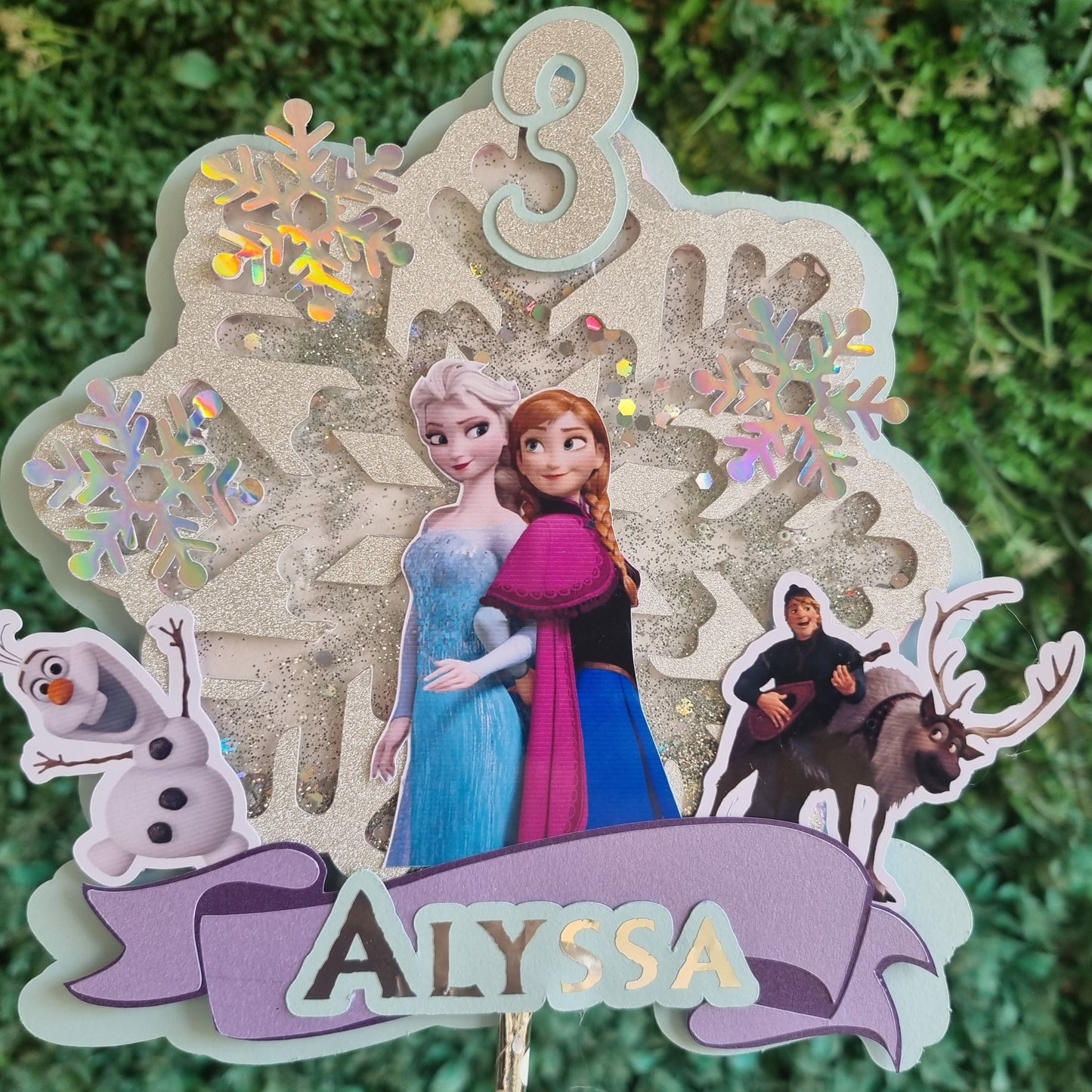 FROZEN CAKE TOPPER birthday party themed decor glitter shaker style personalized with name and age