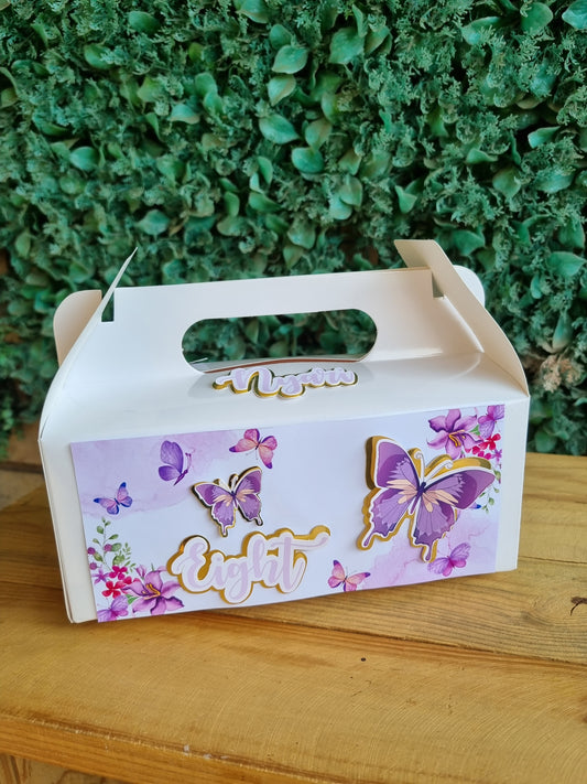 PURPLE BUTTERFLY PARTY PACK 5 BOXES only, personalized kiddies birthday party themed decor party boxes customized