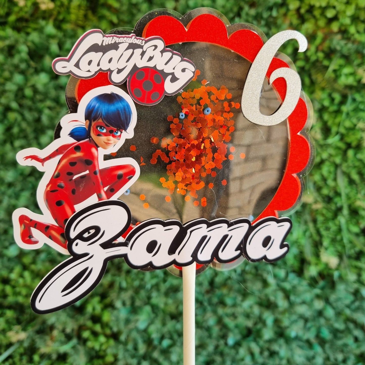 MIRACULOUS LADYBUG CAKE TOPPER birthday party themed decor glitter shaker style personalized with name and age