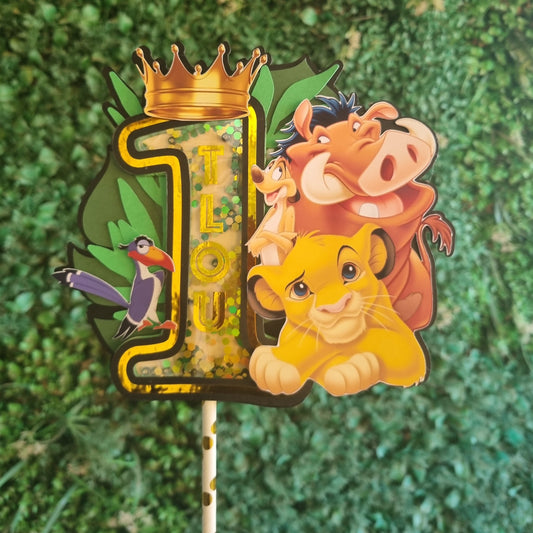 LION KING CAKE TOPPER birthday party themed decor glitter shaker style personalized with name and age