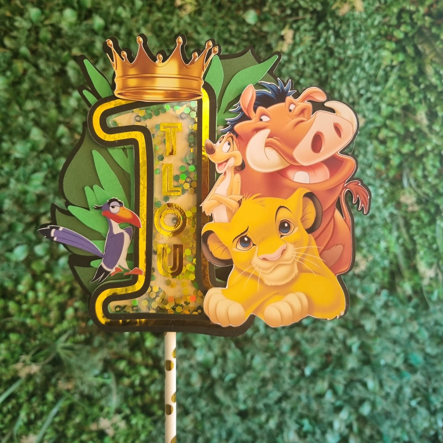 LION KING CAKE TOPPER birthday party themed decor glitter shaker style personalized with name and age