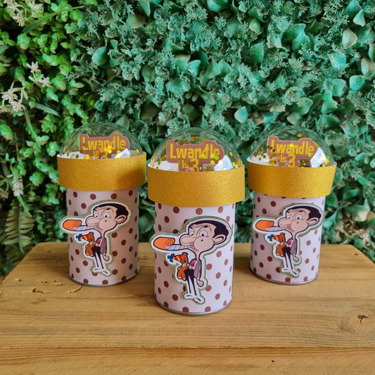 MR BEAN PRINGLES  birthday party themed decor glitter shaker style personalized with name and age