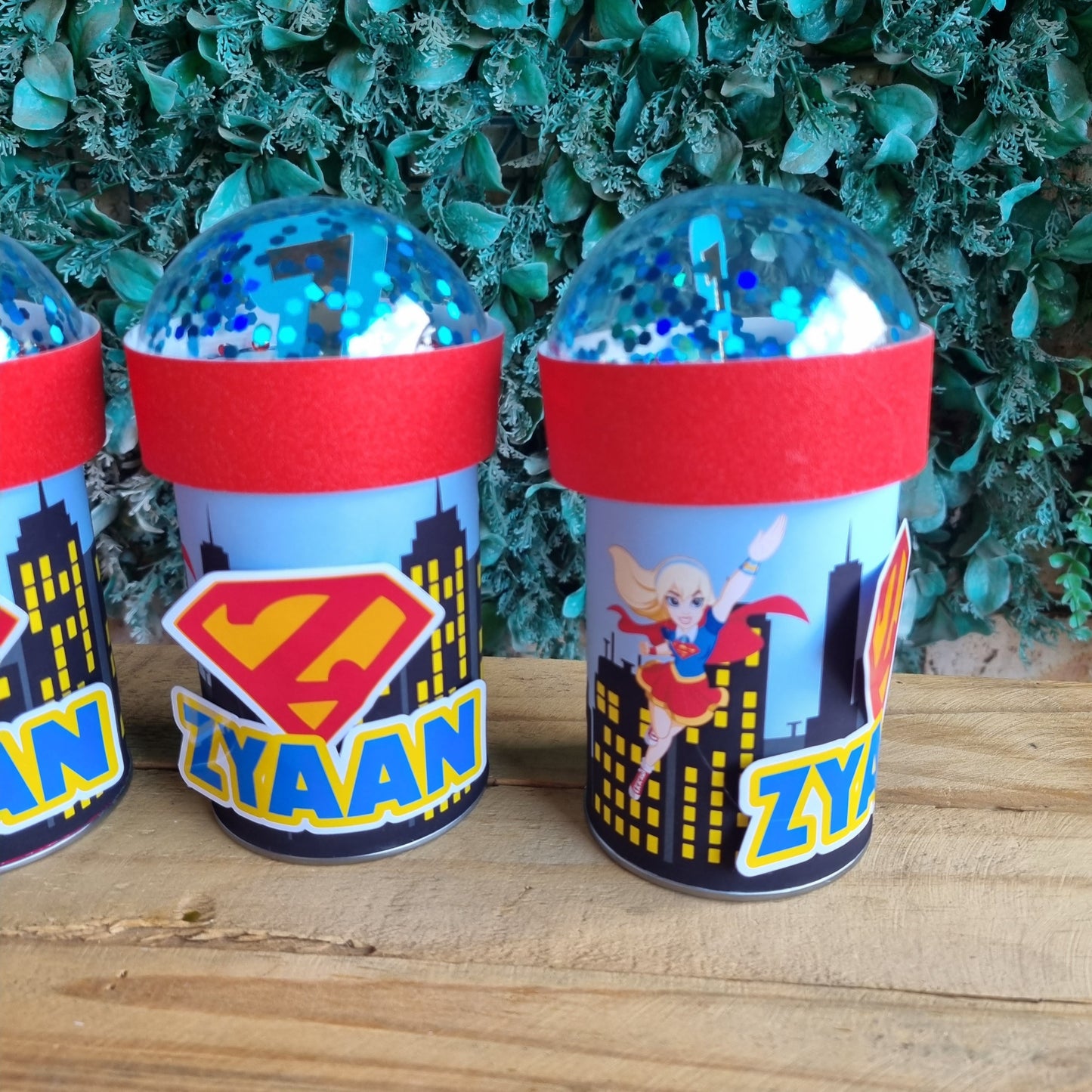 SUPERGIRL PRINGLES birthday party themed decor glitter shaker style personalized with name and age