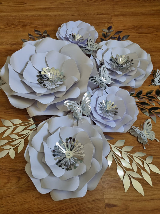 DO IT YOURSELF SET OF 5 PAPER FLOWERS WITH PAPER BUTTERFLIES AND LEAVES WHITE AND SILVER, Nursery paper flowers, nursery decor,  paper flowers backdrop, birthday, baby shower