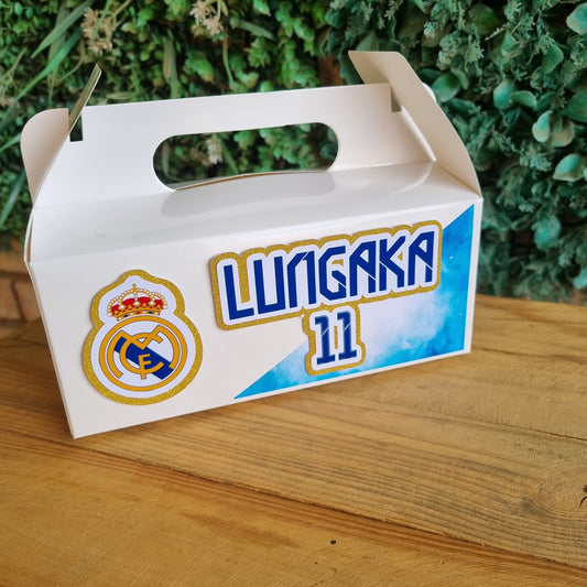 REAL MADRID SOCCER TEAM PARTY PACK 5 BOXES only, personalized kiddies birthday party themed decor party boxes customized