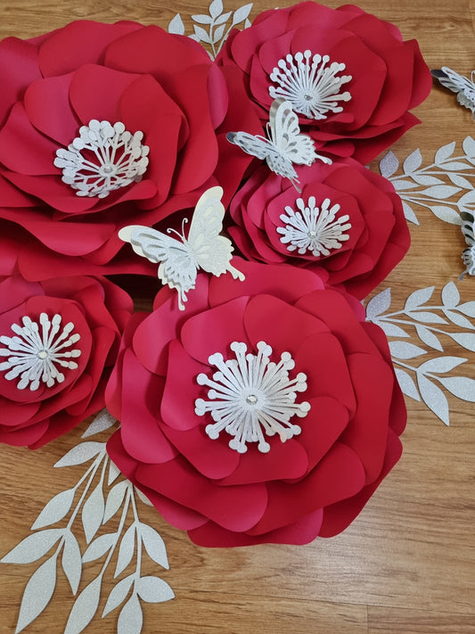 DO IT YOURSELF SET OF 5 PAPER FLOWERS WITH PAPER BUTTERFLIES AND LEAVES RED AND SILVER, Nursery paper flowers, nursery decor,  paper flowers backdrop, birthday, baby shower