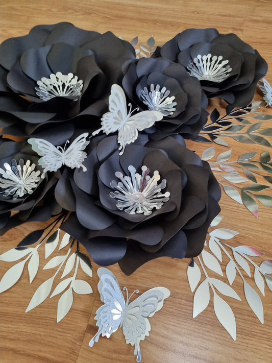 DO IT YOURSELF SET OF 5 PAPER FLOWERS WITH PAPER BUTTERFLIES AND LEAVES BLACK AND SILVER, Nursery paper flowers, nursery decor,  paper flowers backdrop, birthday, baby shower