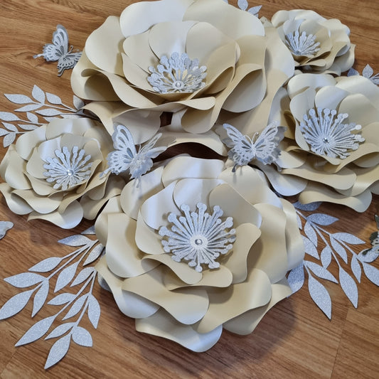 DO IT YOURSELF SET OF 5 PAPER FLOWERS WITH PAPER BUTTERFLIES AND LEAVES CREAM AND SILVER, Nursery paper flowers, nursery decor,  paper flowers backdrop, birthday, baby shower