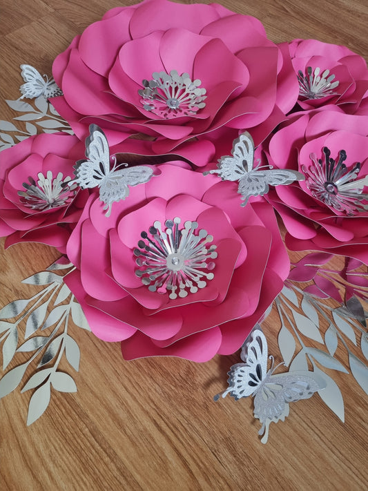 DO IT YOURSELF SET OF 5 PAPER FLOWERS WITH PAPER BUTTERFLIES AND LEAVES BRIGHT PINK/CERISE AND SILVER, Nursery paper flowers, nursery decor,  paper flowers backdrop, birthday, baby shower