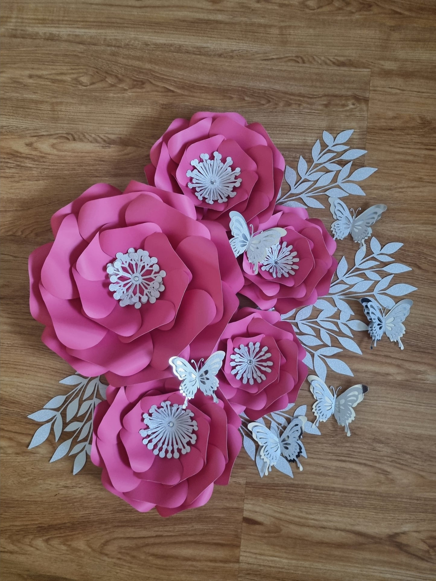 DO IT YOURSELF SET OF 5 PAPER FLOWERS WITH PAPER BUTTERFLIES AND LEAVES BRIGHT PINK/CERISE AND SILVER, Nursery paper flowers, nursery decor,  paper flowers backdrop, birthday, baby shower