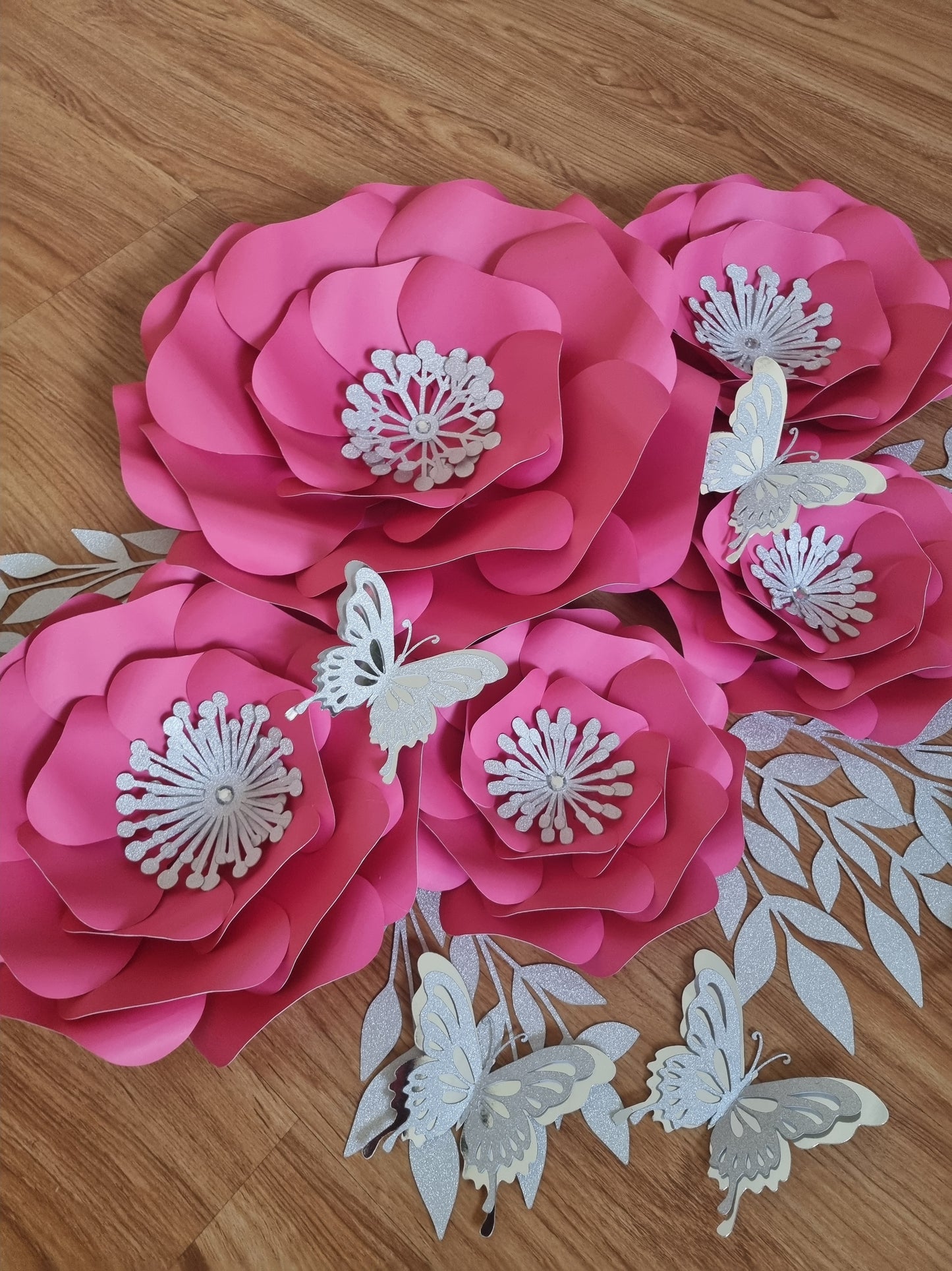 DO IT YOURSELF SET OF 5 PAPER FLOWERS WITH PAPER BUTTERFLIES AND LEAVES BRIGHT PINK/CERISE AND SILVER, Nursery paper flowers, nursery decor,  paper flowers backdrop, birthday, baby shower