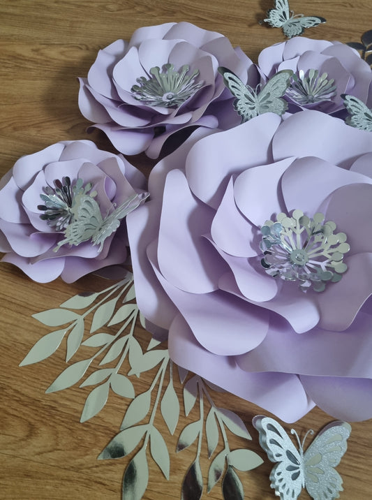 DO IT YOURSELF SET OF 5 PAPER FLOWERS WITH PAPER BUTTERFLIES AND LEAVES LILAC/PURPLE AND SILVER, Nursery paper flowers, nursery decor,  paper flowers backdrop, birthday, baby shower