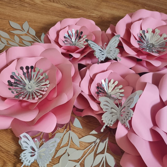 DO IT YOURSELF SET OF 5 PAPER FLOWERS WITH PAPER BUTTERFLIES AND LEAVES PINK AND SILVER, Nursery paper flowers, nursery decor,  paper flowers backdrop, birthday, baby shower