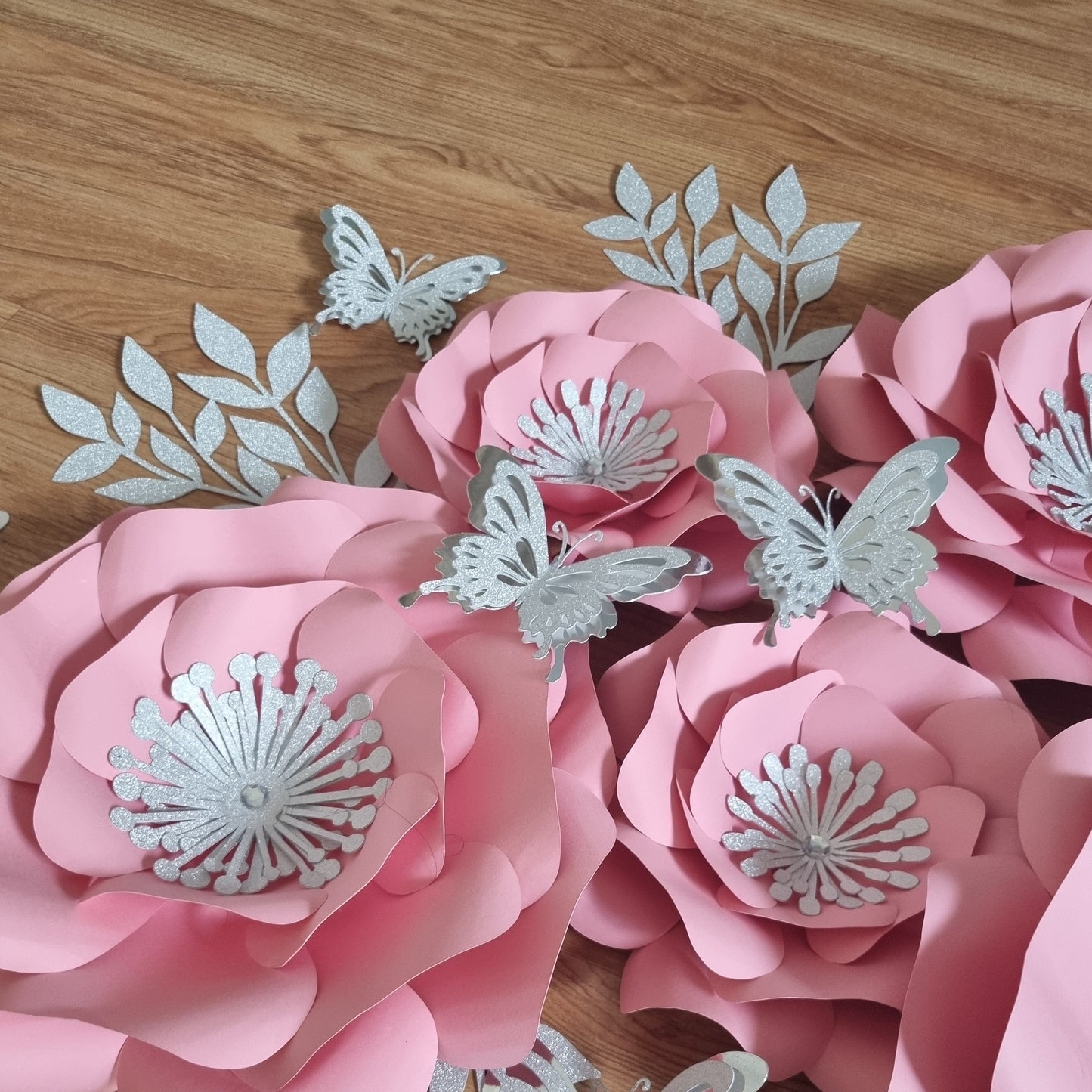 DO IT YOURSELF SET OF 5 PAPER FLOWERS WITH PAPER BUTTERFLIES AND LEAVES PINK AND SILVER, Nursery paper flowers, nursery decor,  paper flowers backdrop, birthday, baby shower