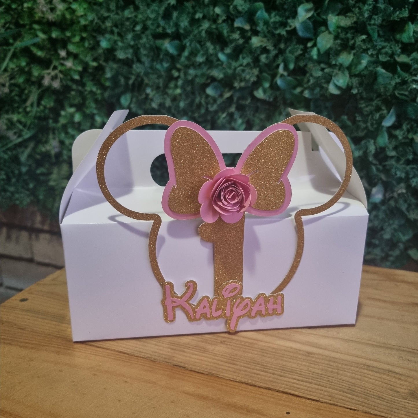 MINNIE MOUSE PARTY PACK B  PINK AND GOLD 5 BOXES only, personalized kiddies birthday party themed decor party boxes customized (Copy)