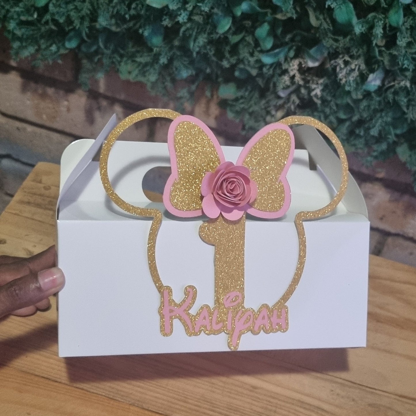 MINNIE MOUSE PARTY PACK B  PINK AND GOLD 5 BOXES only, personalized kiddies birthday party themed decor party boxes customized (Copy)