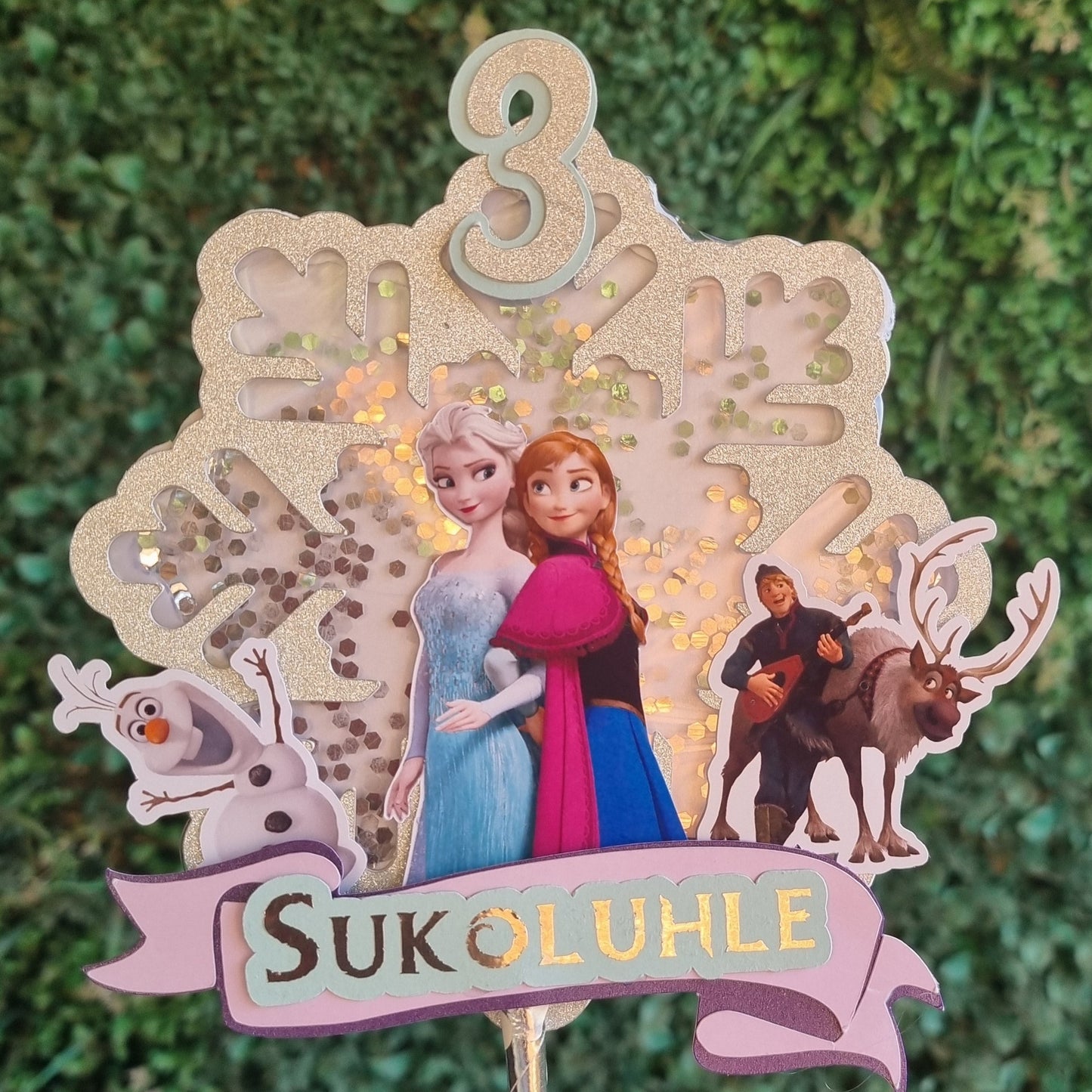 FROZEN CAKE TOPPER birthday party themed decor glitter shaker style personalized with name and age