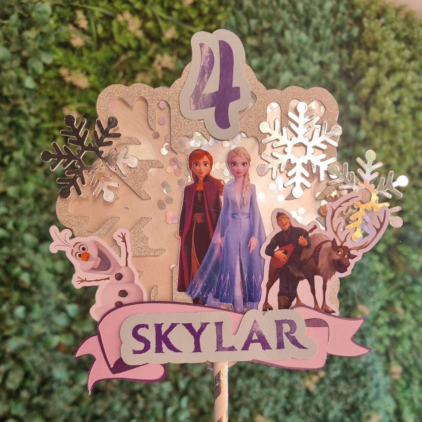 FROZEN CAKE TOPPER birthday party themed decor glitter shaker style personalized with name and age