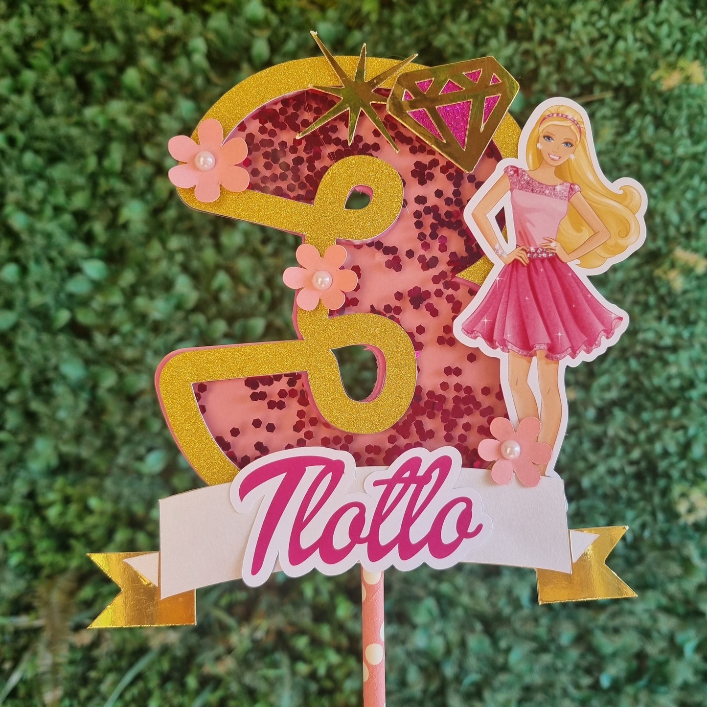 BARBIE CAKE TOPPER  C birthday party themed decor glitter shaker style personalized with name and age