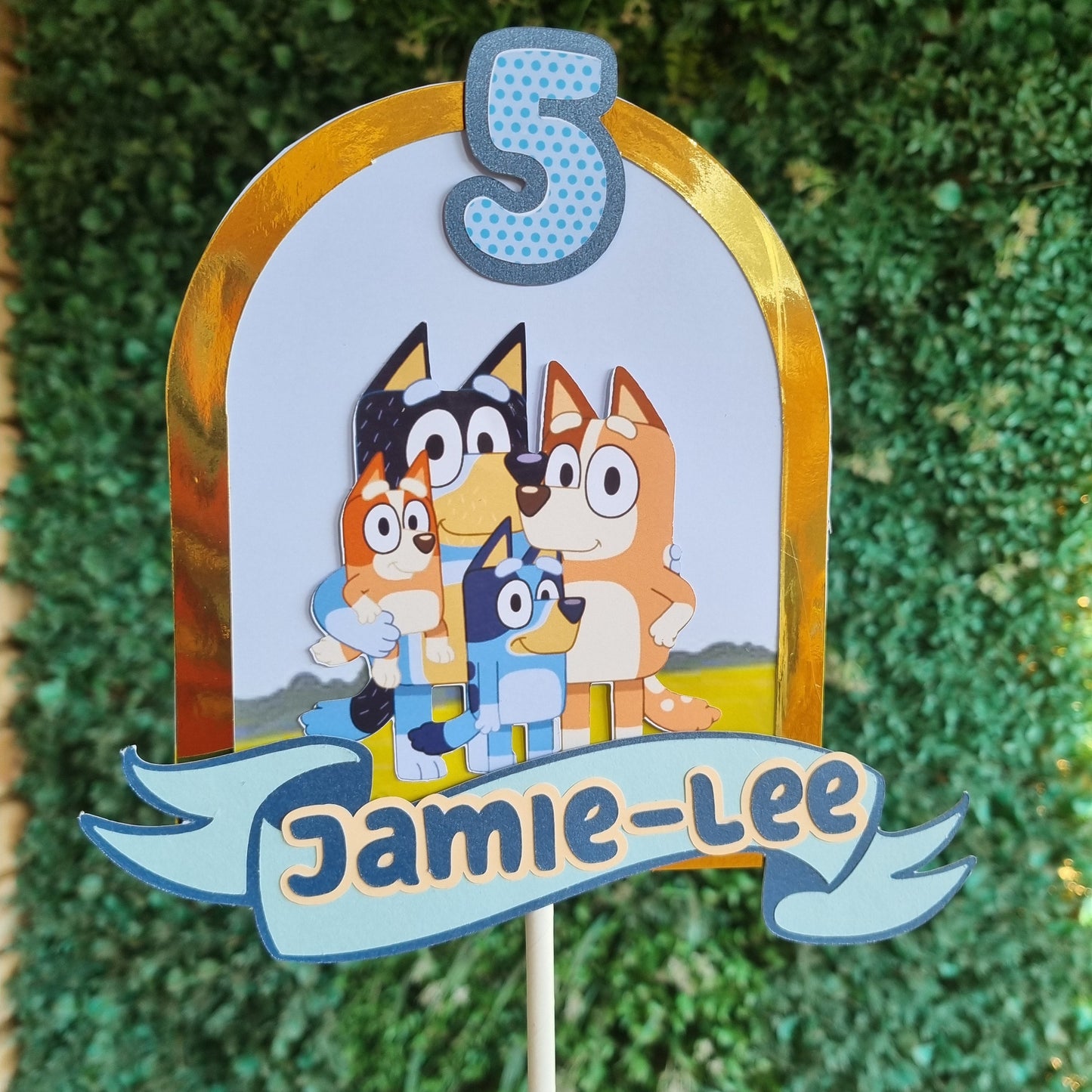 Decorative cake topper with cartoon characters and 'Jamie-Lee' branding on a green textured background.