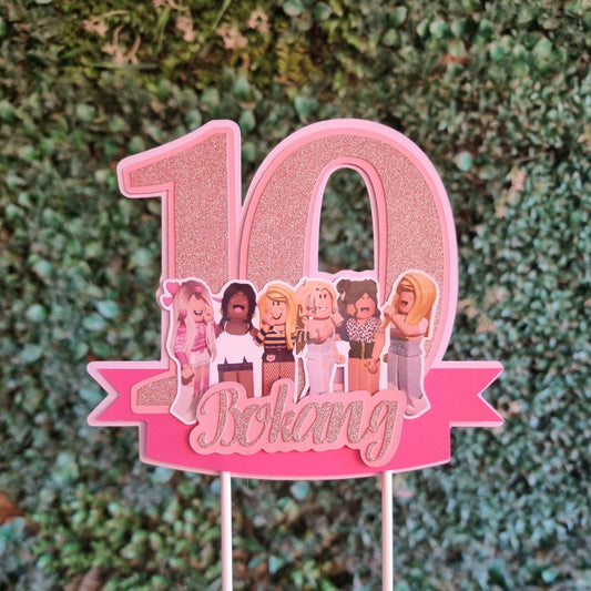 Pink decorative letter 'M' with images of people on a green textured background