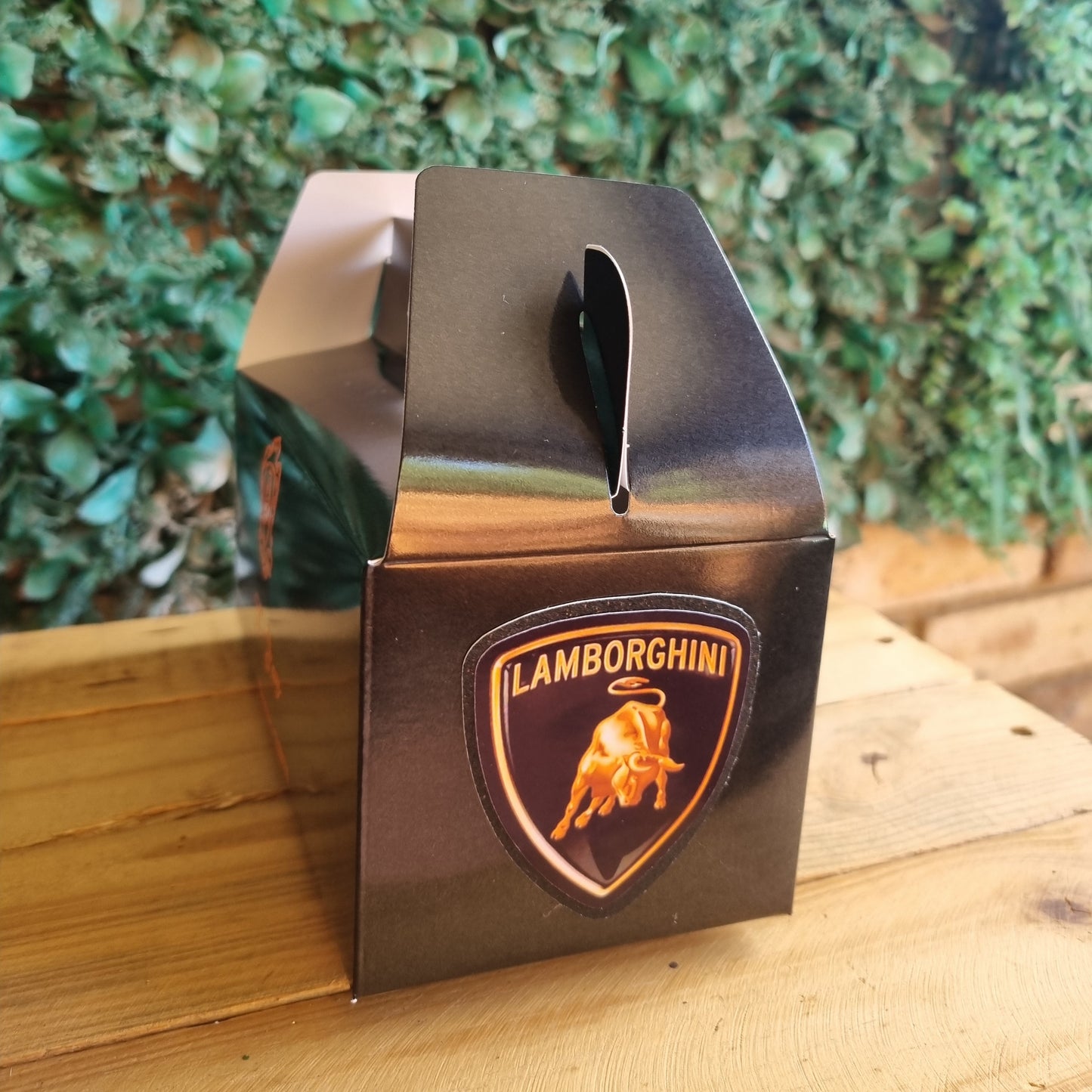 Metallic clip with Lamborghini logo on a wooden surface and green grass background