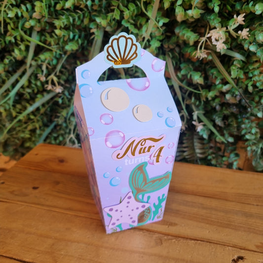 Decorative box with mermaid design on a wooden surface and green plants