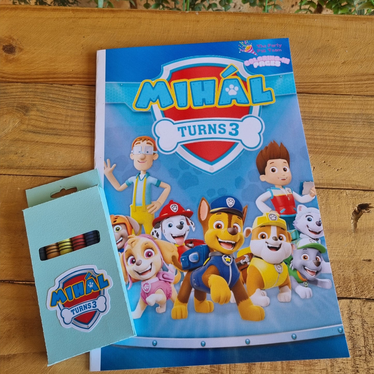 Children's party favor with cartoon characters on a blue card, placed on a wooden surface with greenery.