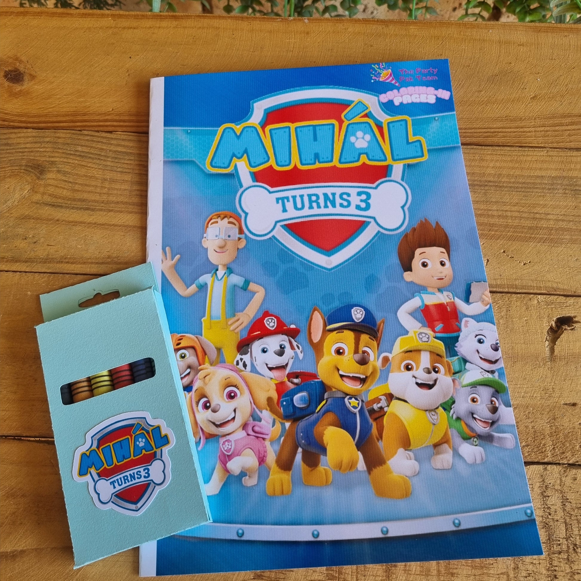 Children's party favor with cartoon characters on a blue card, placed on a wooden surface with greenery.