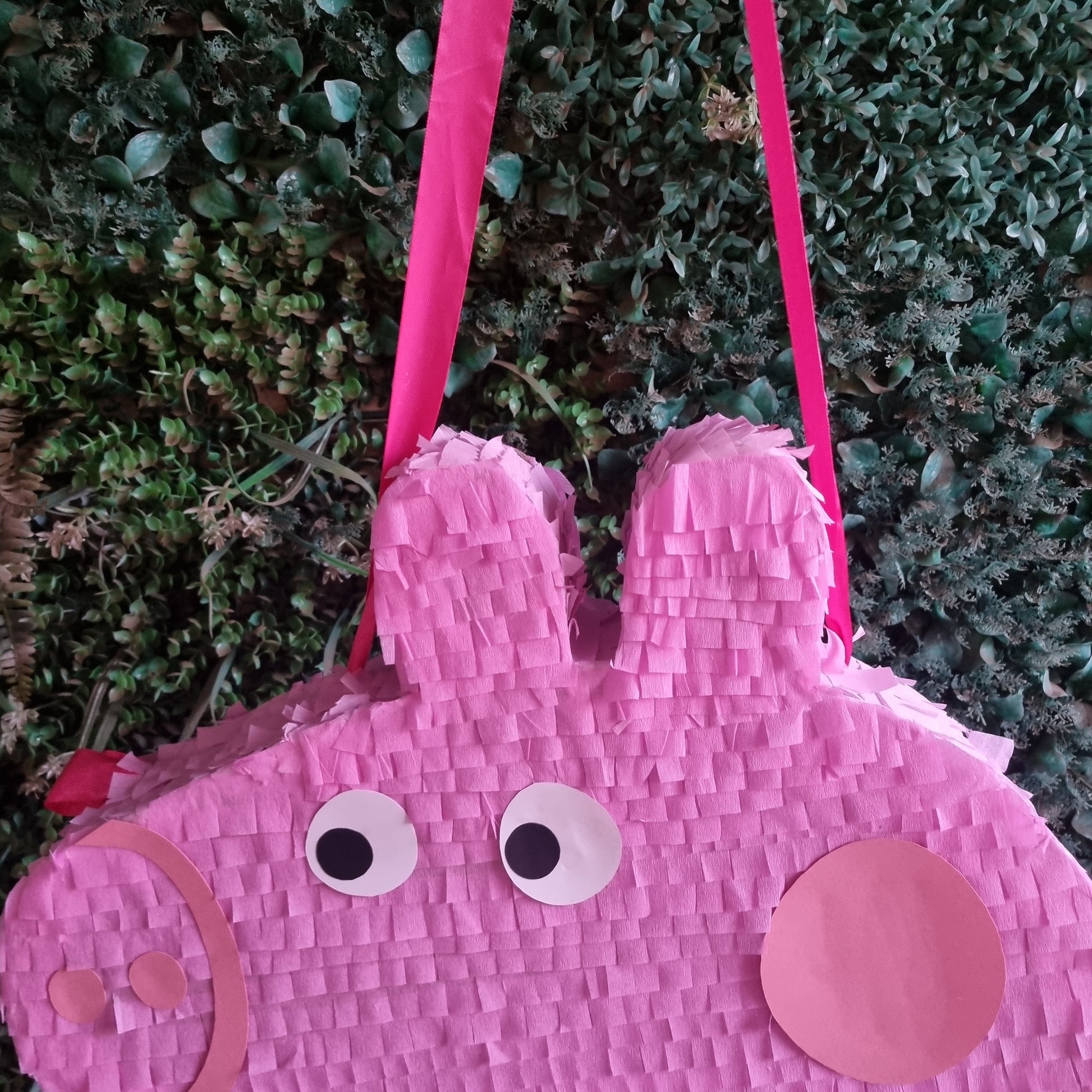 Pink pig-shaped piñata with googly eyes on a grassy background