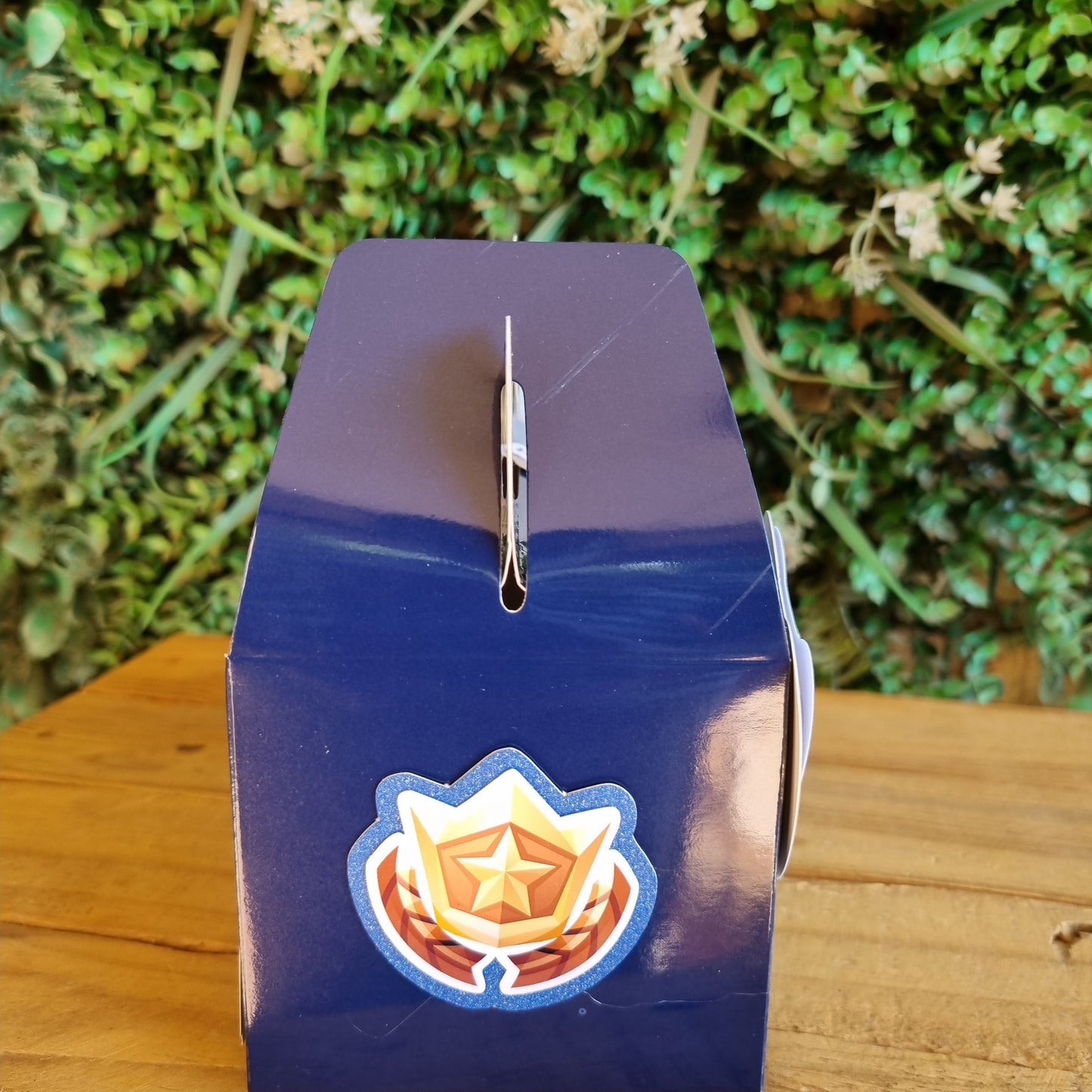 Blue mailbox with a logo on a wooden post against a green bush background