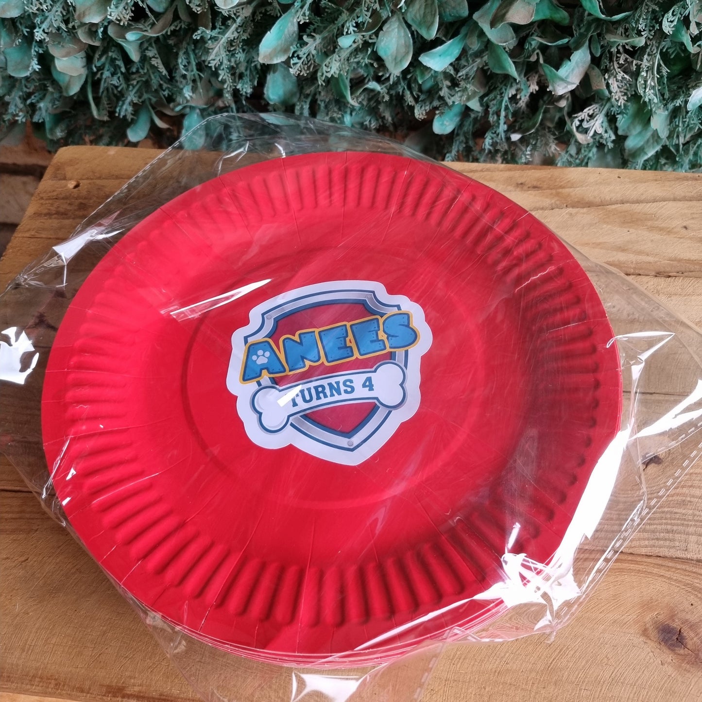 Red paper plate with a logo on a wooden surface next to green foliage