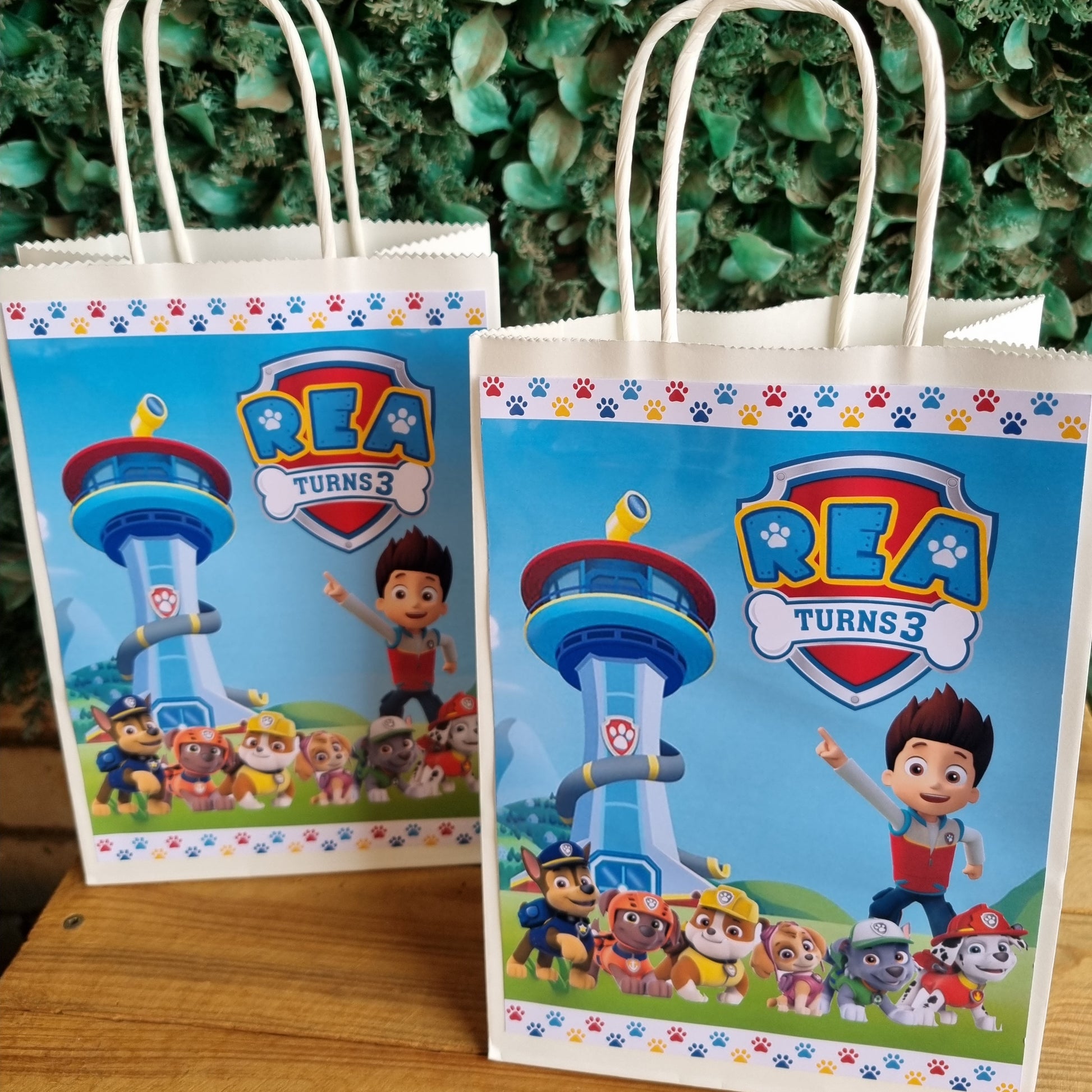 Two party bags with a cartoon character design on a wooden surface.
