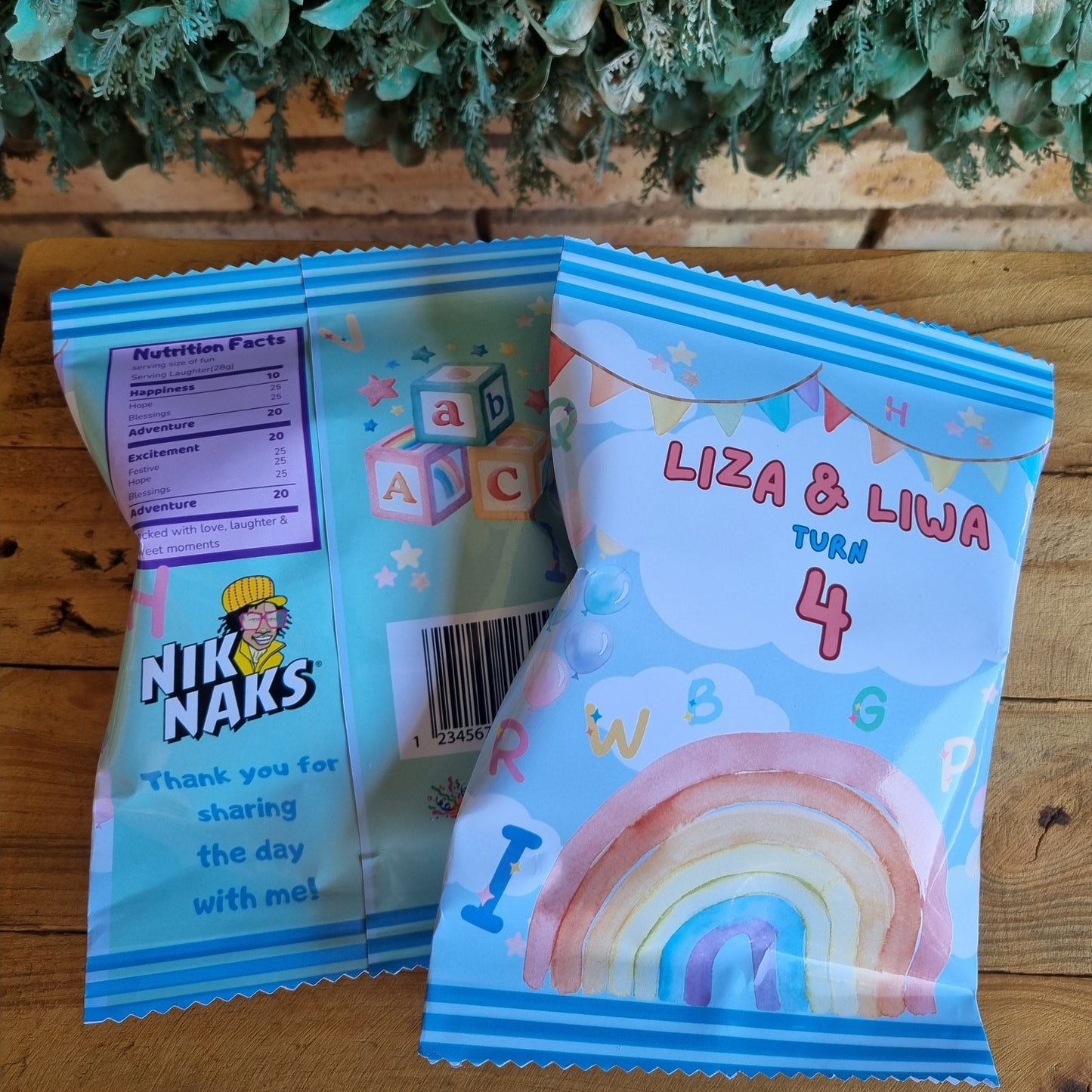 Packaged snack with colorful design on a wooden surface