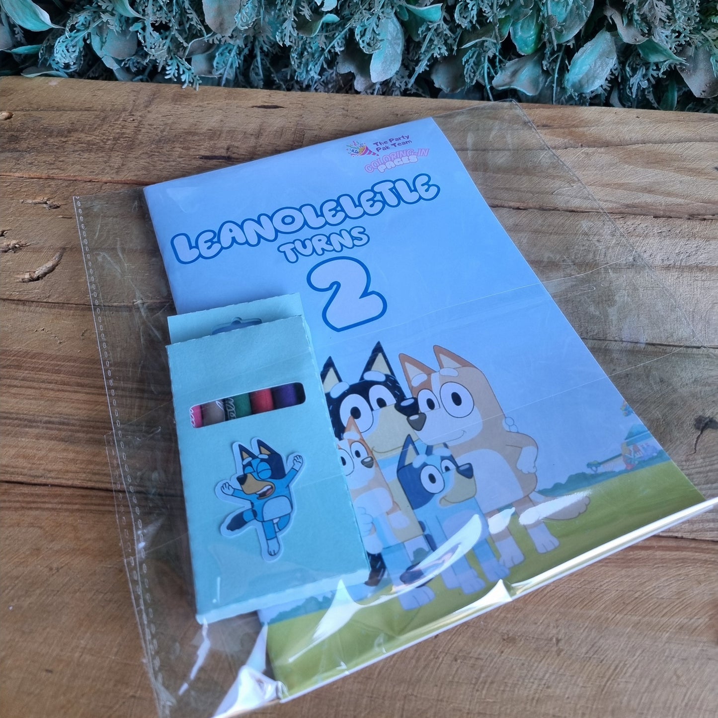 Children's book and stickers on a wooden surface with greenery in the background